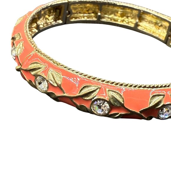 Vintage Gold-Tone Hinged Stretch Bangle Bracelet Coral Enamel Leaf Detailing & R - Picture 4 of 4